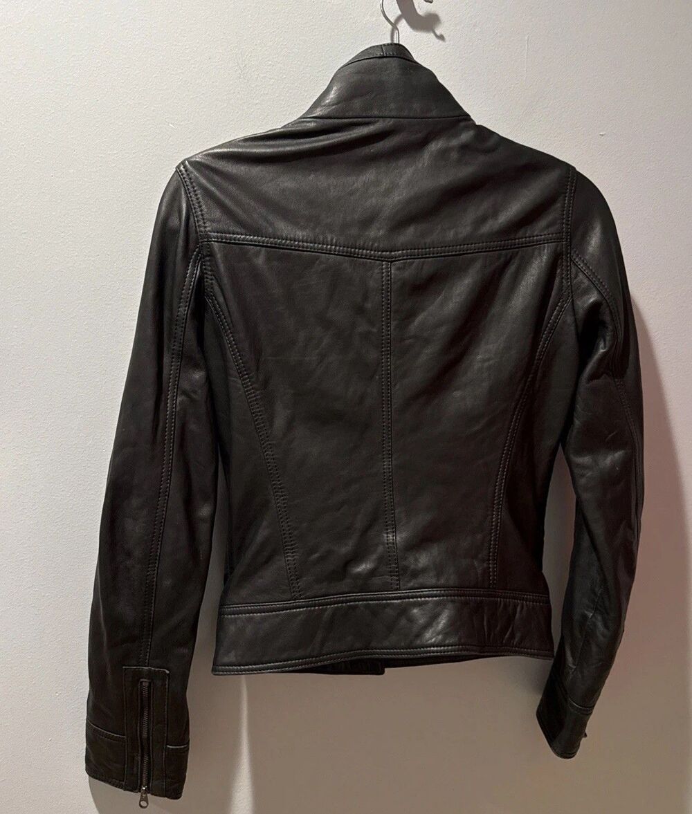 Ted Baker Black Leather Jacket Moto Silver Hardware Size 0 Biker - Picture 5 of 11